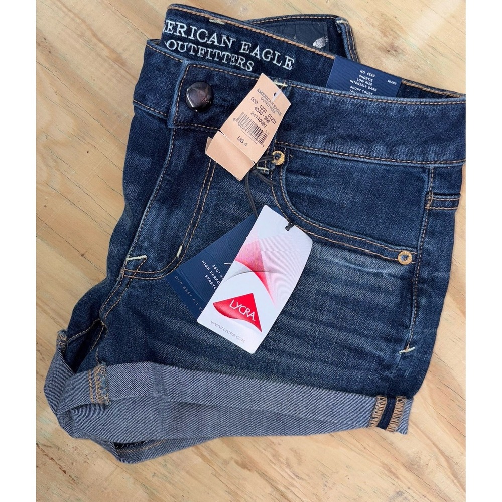 New American Eagle AEO Low Rise Super Stretch Denim Shortie Dark Wash 4 - Picture 1 of 8